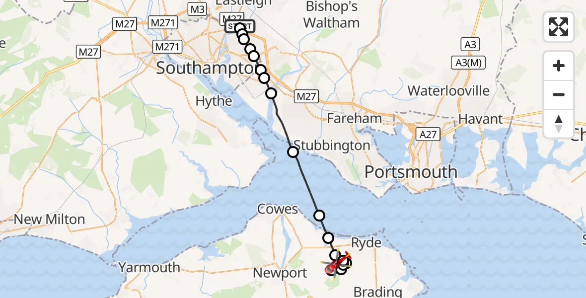 Flight route Air Ambulance Helicopter Southampton Airport - Ryde, 04 October 2026, 22:15
