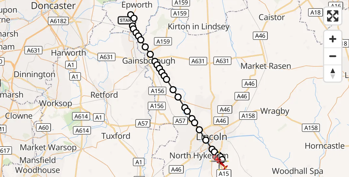 Flight route Air Ambulance Helicopter Upperthorpe - North Kesteven, 04 October 2026, 22:43