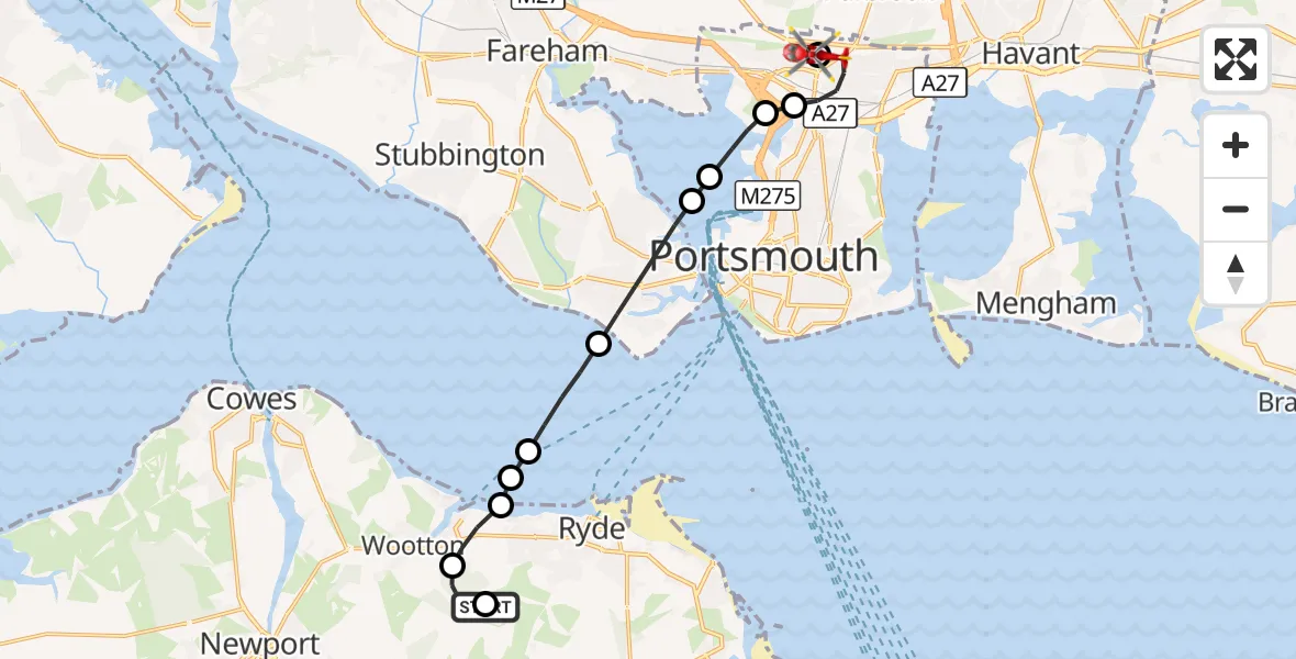 Flight route Air Ambulance Helicopter Havenstreet - Queen Alexandra Hospital, 04 October 2026, 22:49