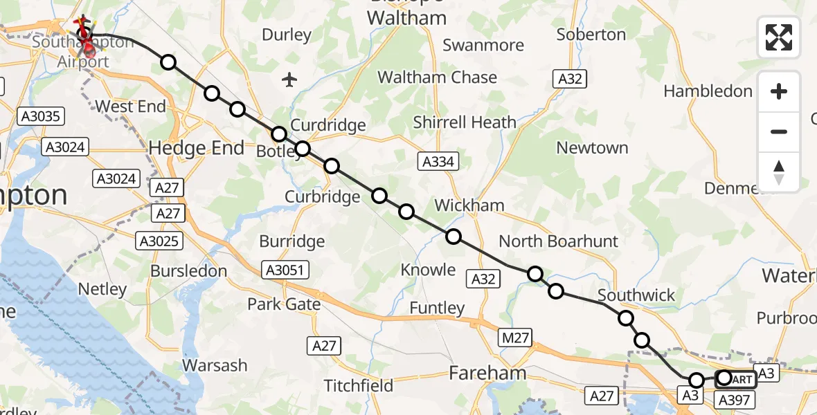 Flight route Air Ambulance Helicopter Queen Alexandra Hospital - Southampton Airport, 04 October 2026, 23:32