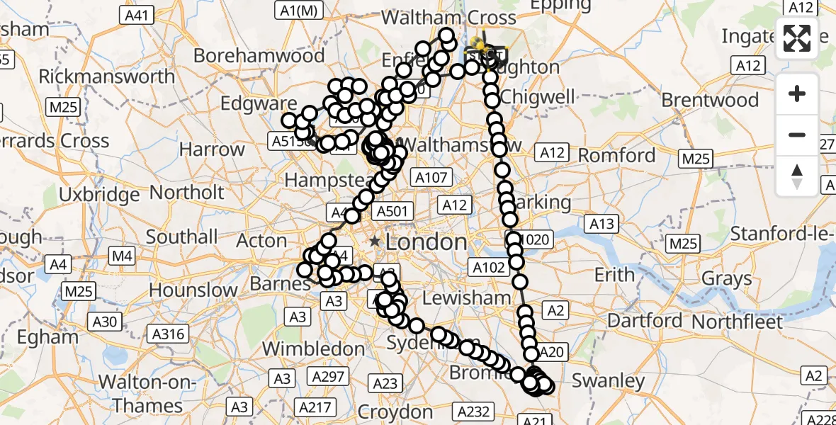 Flight route Police Helicopter Metropolitan Police Air Support Unit Lippitts Hill - Sewardstonebury, 04 October 2026, 23:44