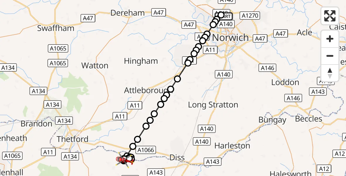 Flight route Air Ambulance Helicopter Norwich Airport - Thelnetham, 04 October 2026, 23:56