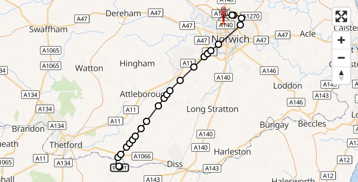 Flight route Air Ambulance Helicopter Hopton - Norwich Airport, 05 October 2026, 03:17