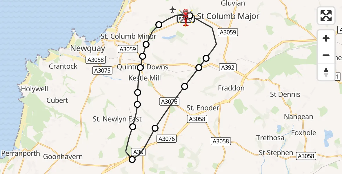 Flight route Air Ambulance Helicopter Cornwall Airport Newquay - Cornwall Airport Newquay, 05 October 2026, 08:10