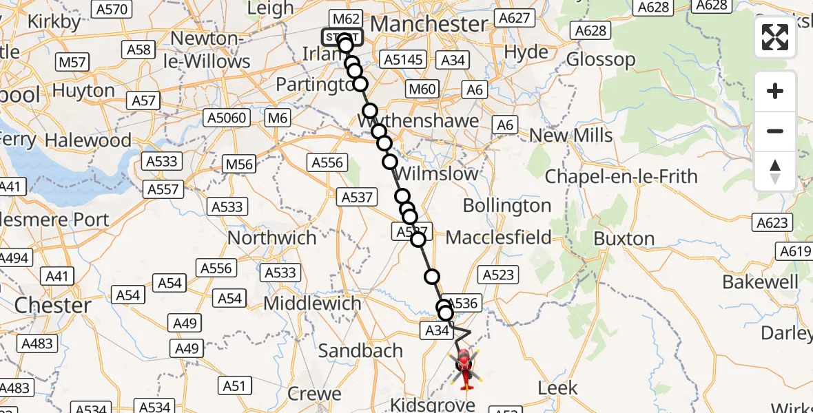 Flight route Air Ambulance Helicopter Manchester Barton Aerodrome - Biddulph, 05 October 2026, 08:54
