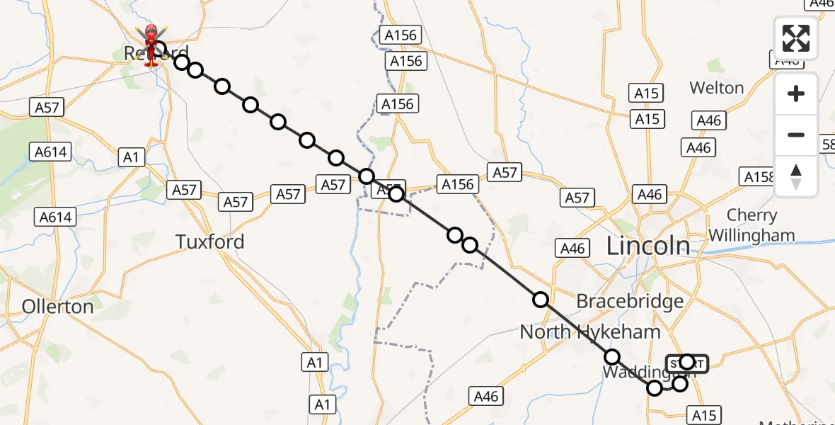 Flight route Air Ambulance Helicopter RAF Waddington - Retford, 05 October 2026, 09:16