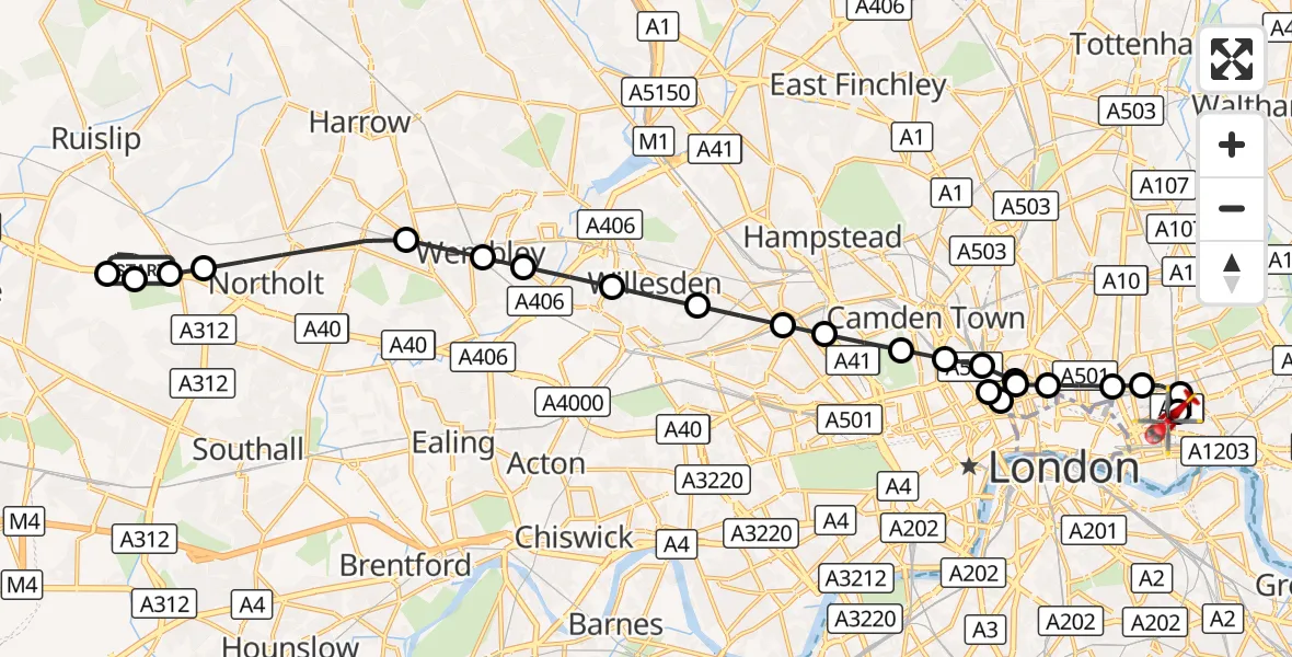 Flight route Air Ambulance Helicopter RAF Northolt - Royal London Hospital, 05 October 2026, 09:36
