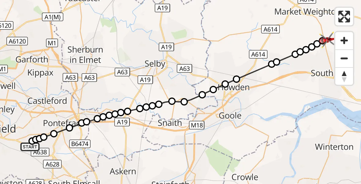 Flight route Air Ambulance Helicopter YAA Nostell Helicopter Port - North Newbald, 05 October 2026, 09:41