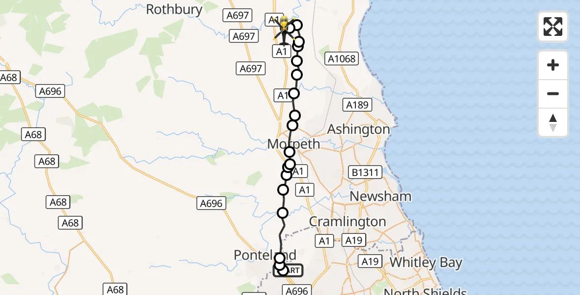 Flight route Police Helicopter Newcastle International Airport - Felton, 05 October 2026, 09:43