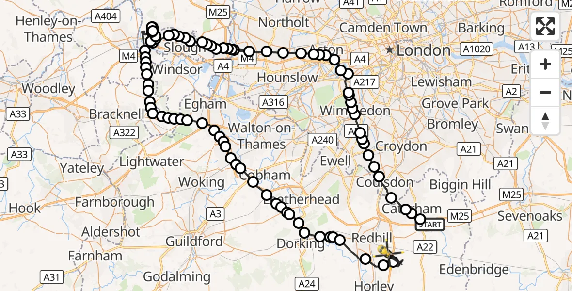 Flight route Police Helicopter Godstone - South Nutfield, 05 October 2026, 10:10