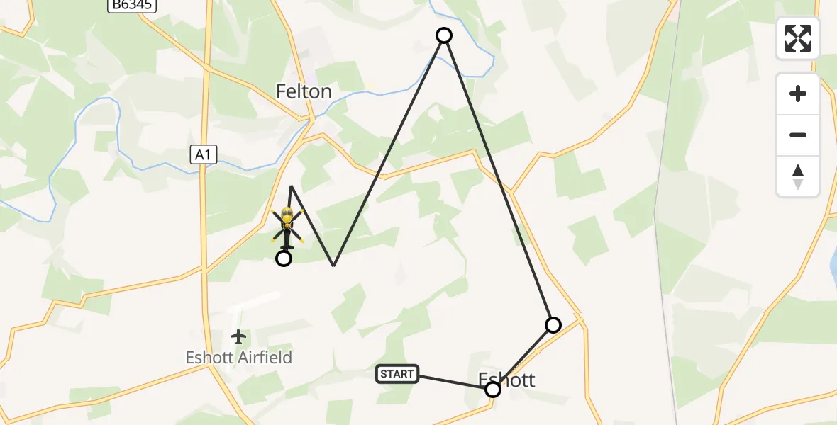 Flight route Police Helicopter Morpeth - Felton, 05 October 2026, 10:21