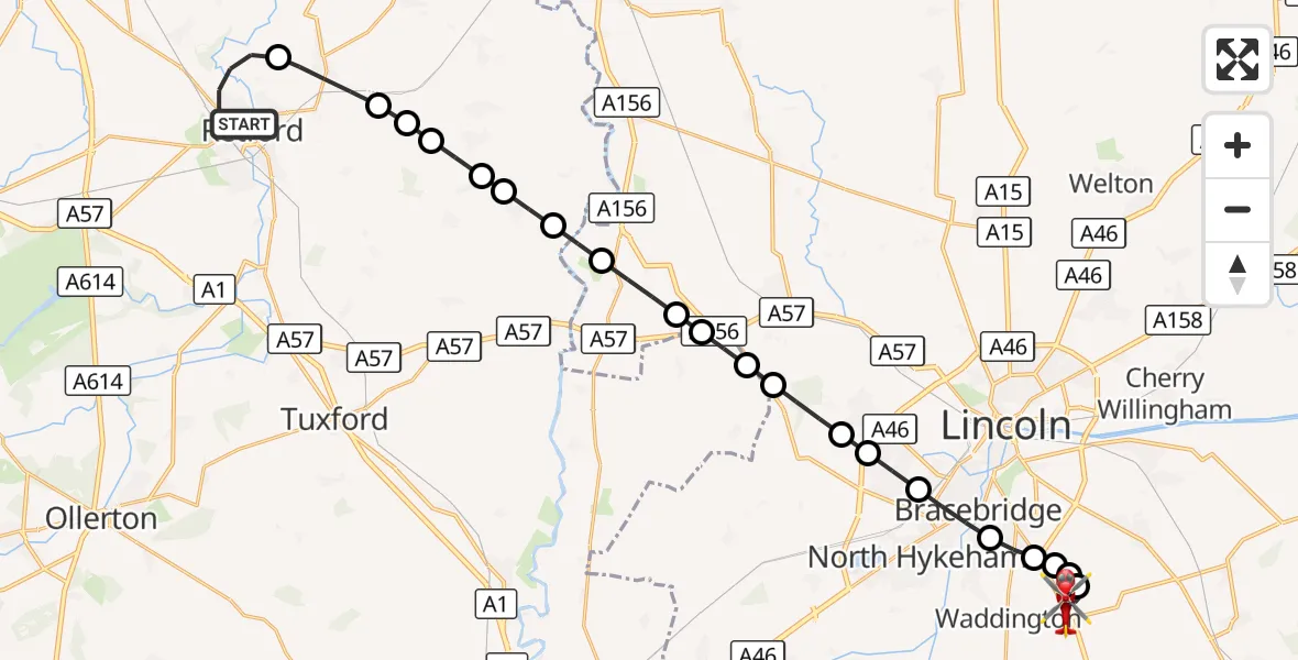 Flight route Air Ambulance Helicopter Retford - North Kesteven, 05 October 2026, 10:25