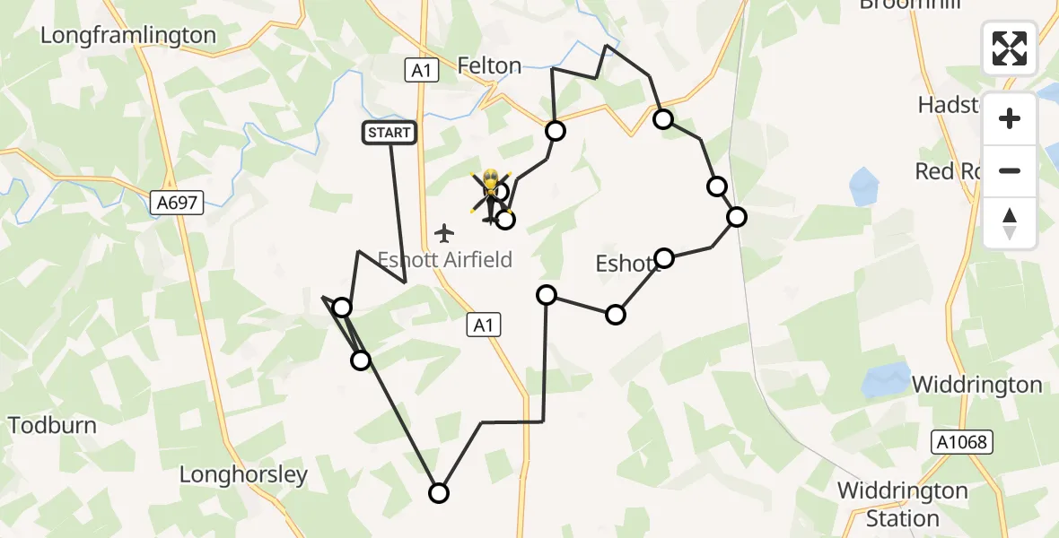Flight route Police Helicopter Thirston - Eshott Airfield, 05 October 2026, 10:29