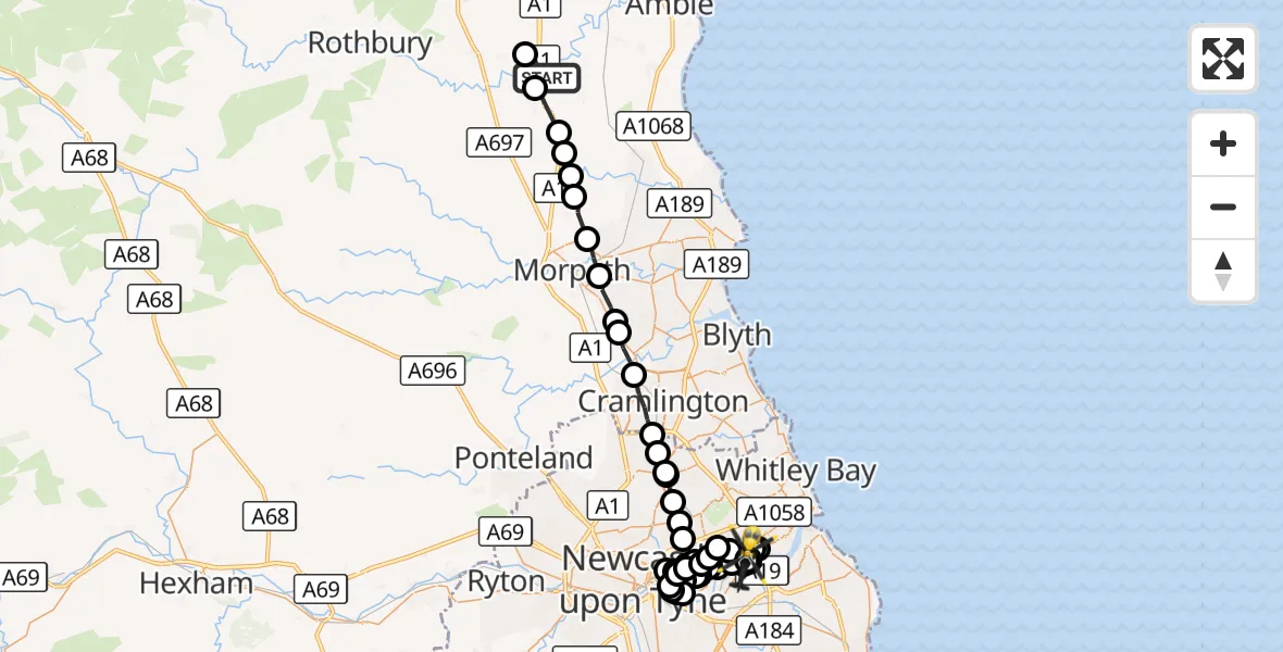 Flight route Police Helicopter Felton - Wallsend, 05 October 2026, 10:35