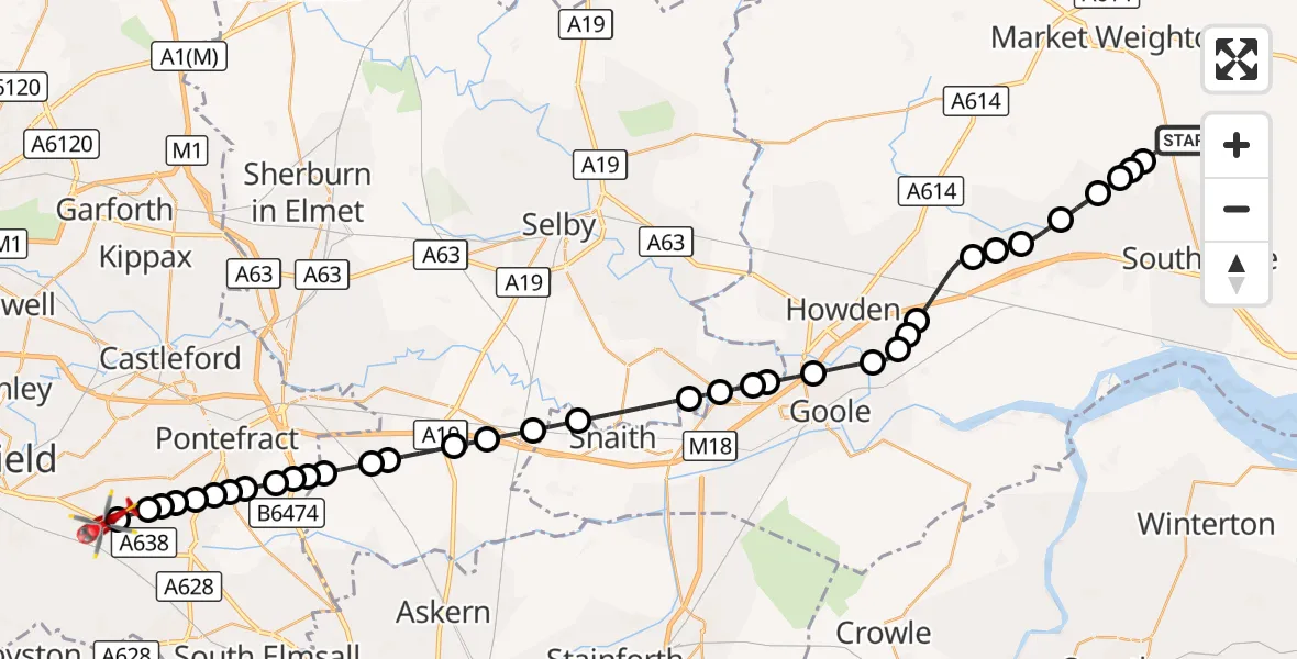 Flight route Air Ambulance Helicopter North Newbald - YAA Nostell Helicopter Port, 05 October 2026, 10:39