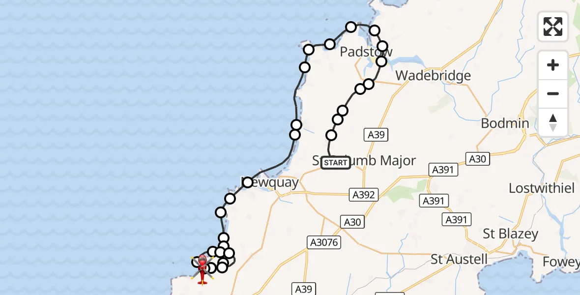 Flight route Air Ambulance Helicopter Cornwall Airport Newquay - Trevellas Downs, 05 October 2026, 10:47