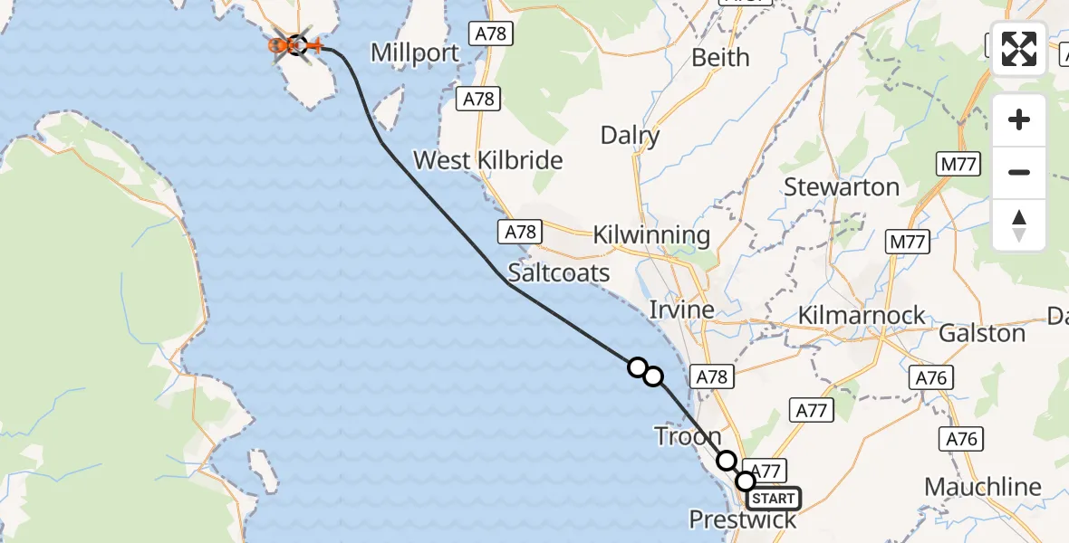 Flight route Coastguard Helicopter Glasgow Prestwick Airport - Bute Airfield, 05 October 2026, 10:48