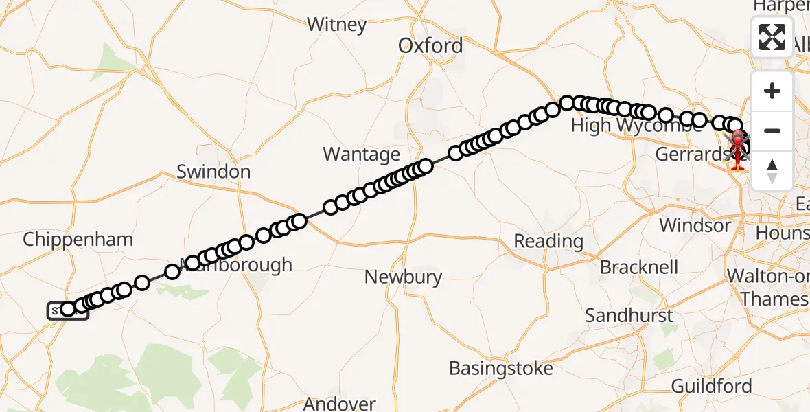 Flight route Air Ambulance Helicopter Wiltshire Air Ambulance - Denham Aerodrome, 05 October 2026, 10:59