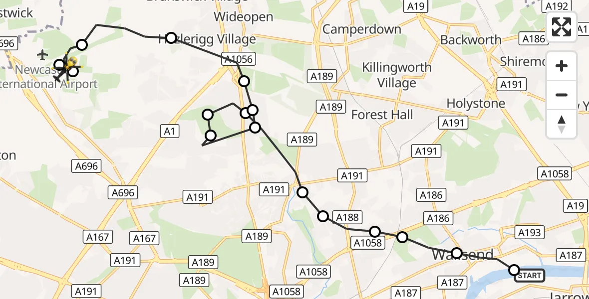 Flight route Police Helicopter Hebburn - Woolsington, 05 October 2026, 11:17