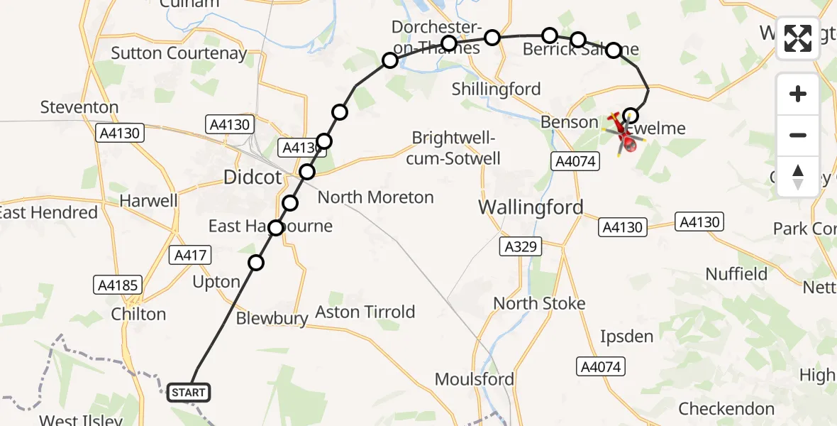 Flight route Air Ambulance Helicopter Blewbury - RAF Benson, 05 October 2026, 11:17
