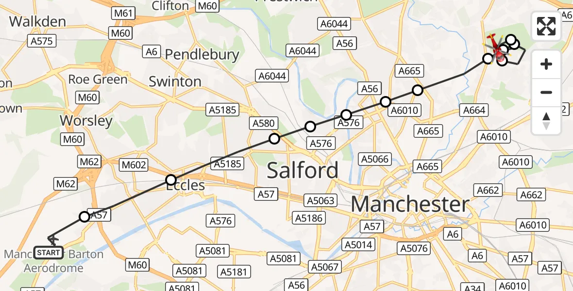 Flight route Air Ambulance Helicopter Manchester Barton Aerodrome - Harpurhey, 05 October 2026, 11:33