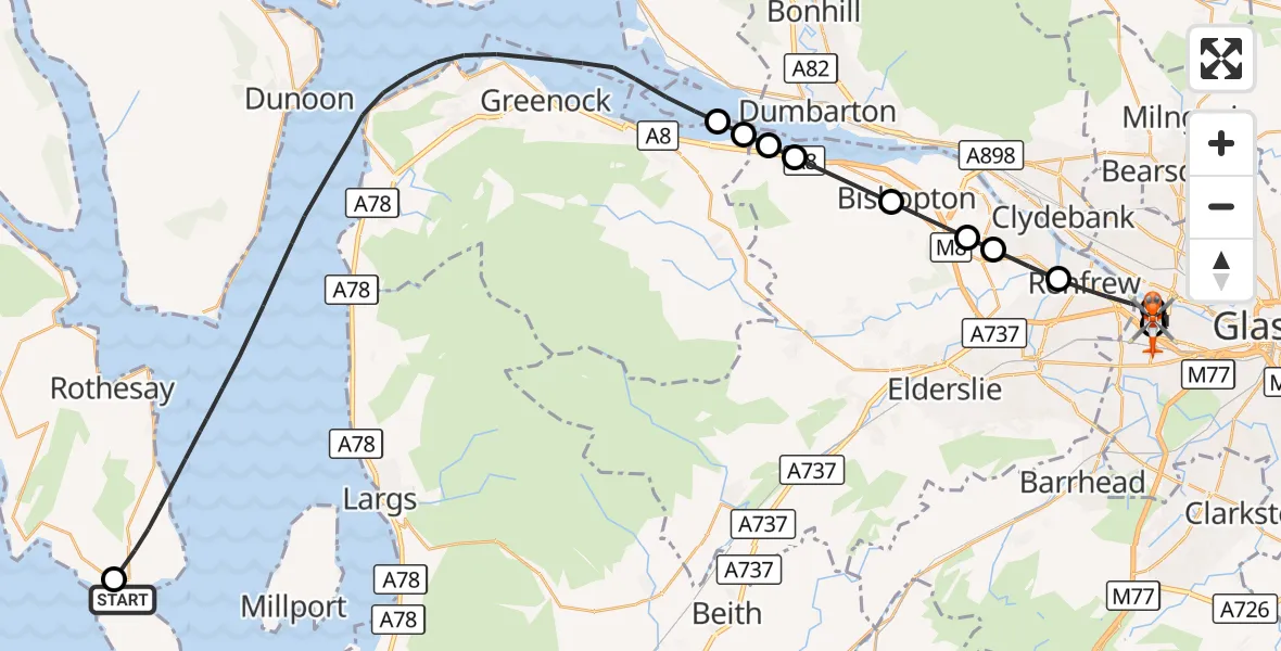 Flight route Coastguard Helicopter Bute Airfield - Queen Elizabeth Hospital, 05 October 2026, 11:38