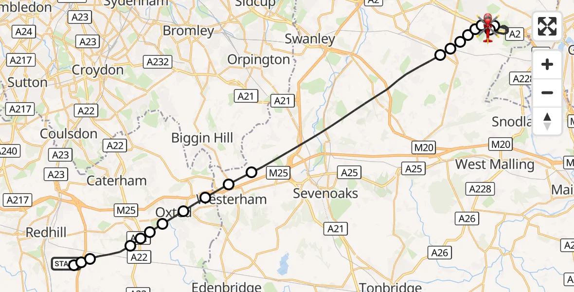 Flight route Air Ambulance Helicopter Redhill Aerodrome - Cobham, 05 October 2026, 11:47
