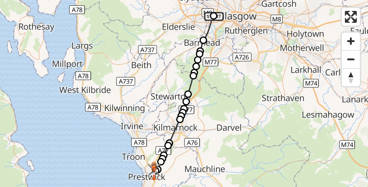 Flight route Coastguard Helicopter Queen Elizabeth Hospital - Glasgow Prestwick Airport, 05 October 2026, 11:57