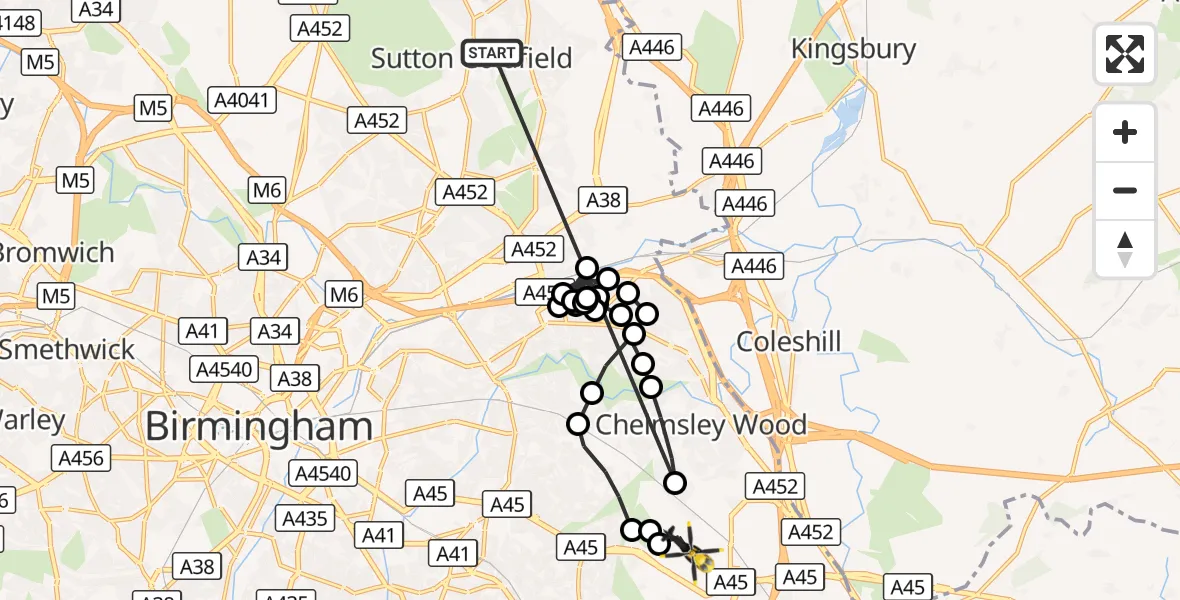 Flight route Police Helicopter Sutton Coldfield - Birmingham Airport, 05 October 2026, 12:03