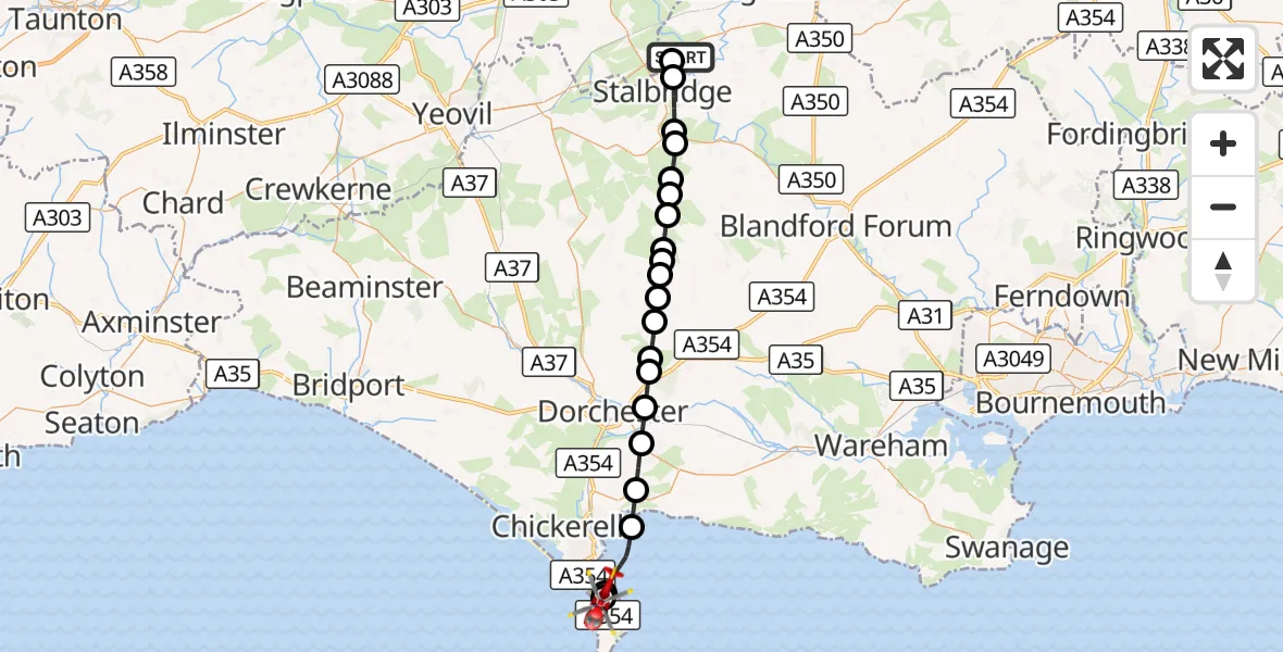 Flight route Air Ambulance Helicopter Henstridge Airfield - RNAS Portland Heliport, 05 October 2026, 12:04