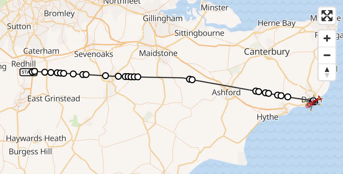 Flight route Air Ambulance Helicopter Redhill Aerodrome - Dover, 05 October 2026, 12:25