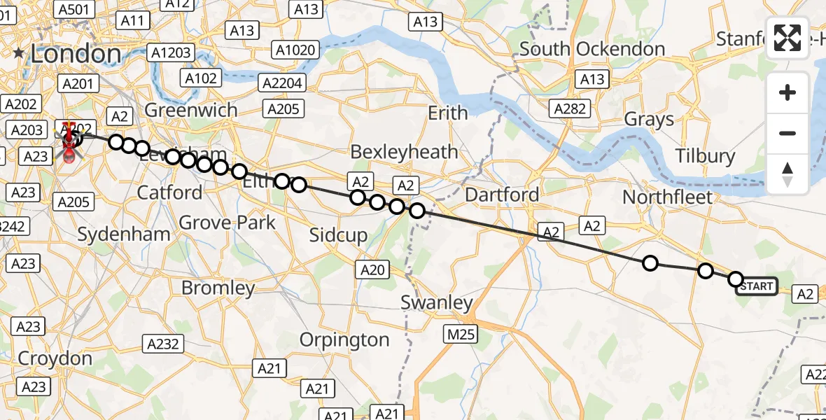 Flight route Air Ambulance Helicopter Cobham - Kings College London Hospital, 05 October 2026, 12:30