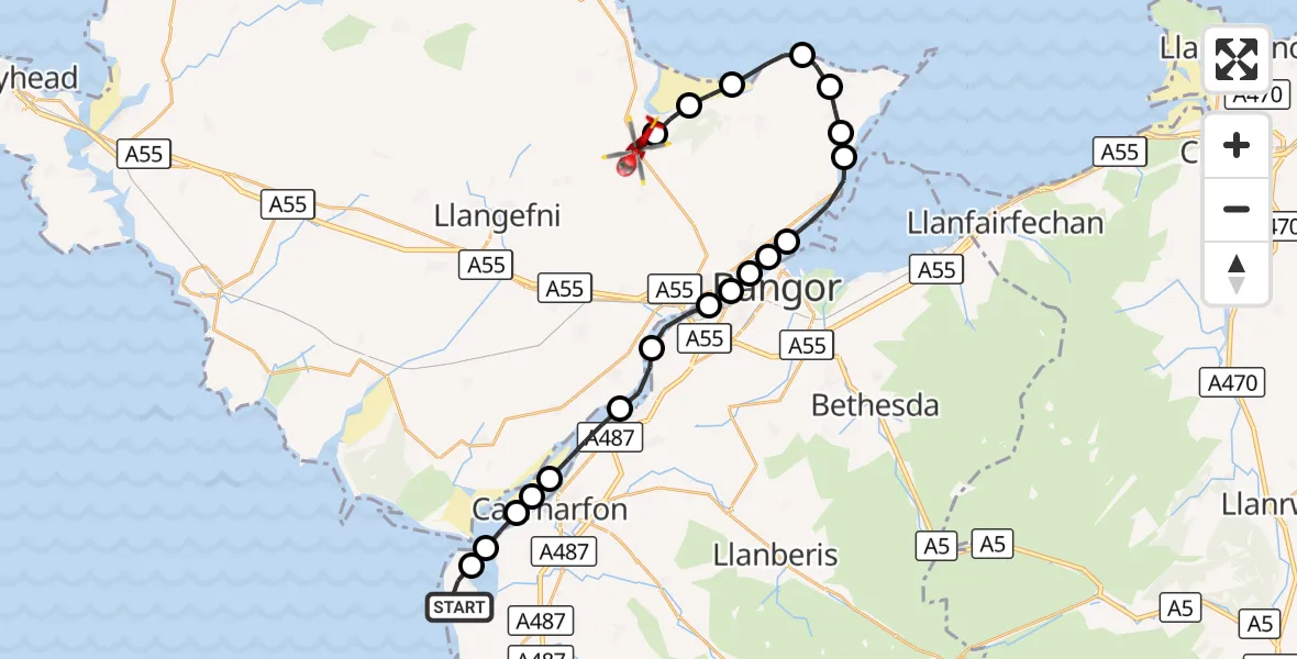 Flight route Air Ambulance Helicopter Caernarfon Airport - Pentraeth, 05 October 2026, 12:34