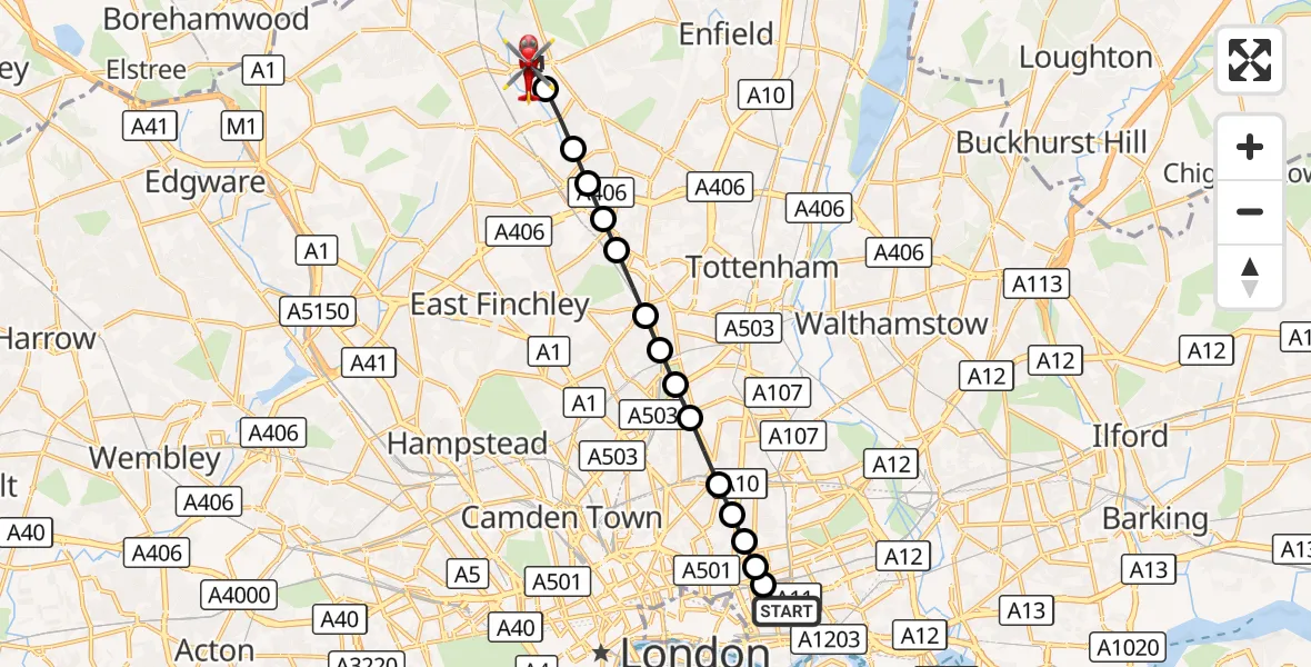 Flight route Air Ambulance Helicopter Royal London Hospital - East Barnet, 05 October 2026, 12:38