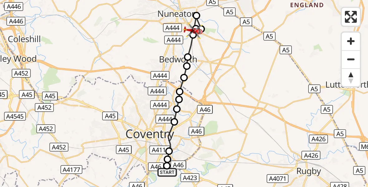 Flight route Air Ambulance Helicopter Coventry Airport - Nuneaton, 05 October 2026, 12:42