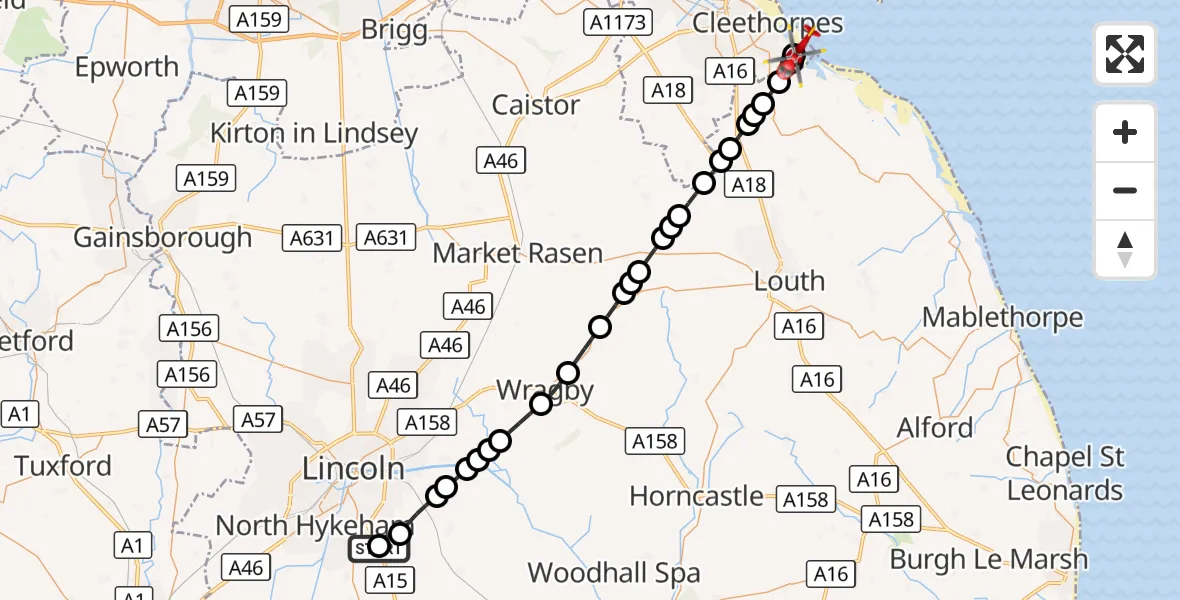 Flight route Air Ambulance Helicopter RAF Waddington - Cleethorpes, 05 October 2026, 12:59