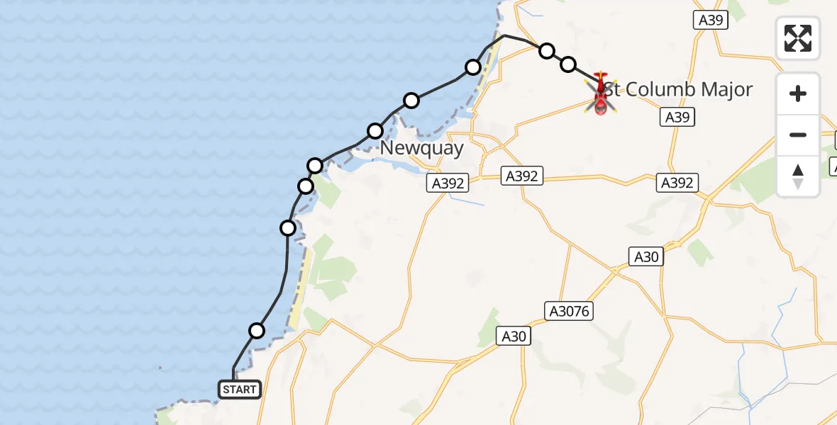 Flight route Air Ambulance Helicopter Trevellas Downs - Cornwall Airport Newquay, 05 October 2026, 13:08