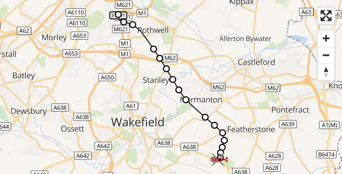 Flight route Air Ambulance Helicopter Rothwell - YAA Nostell Helicopter Port, 05 October 2026, 13:19