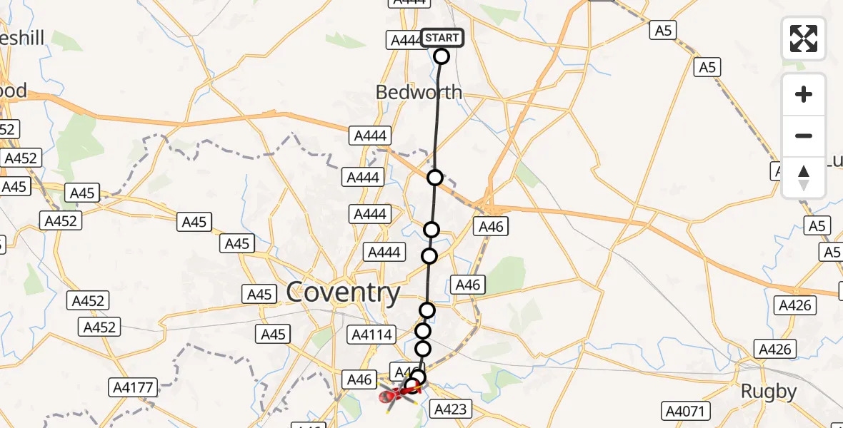 Flight route Air Ambulance Helicopter Bedworth - Coventry Airport, 05 October 2026, 13:21