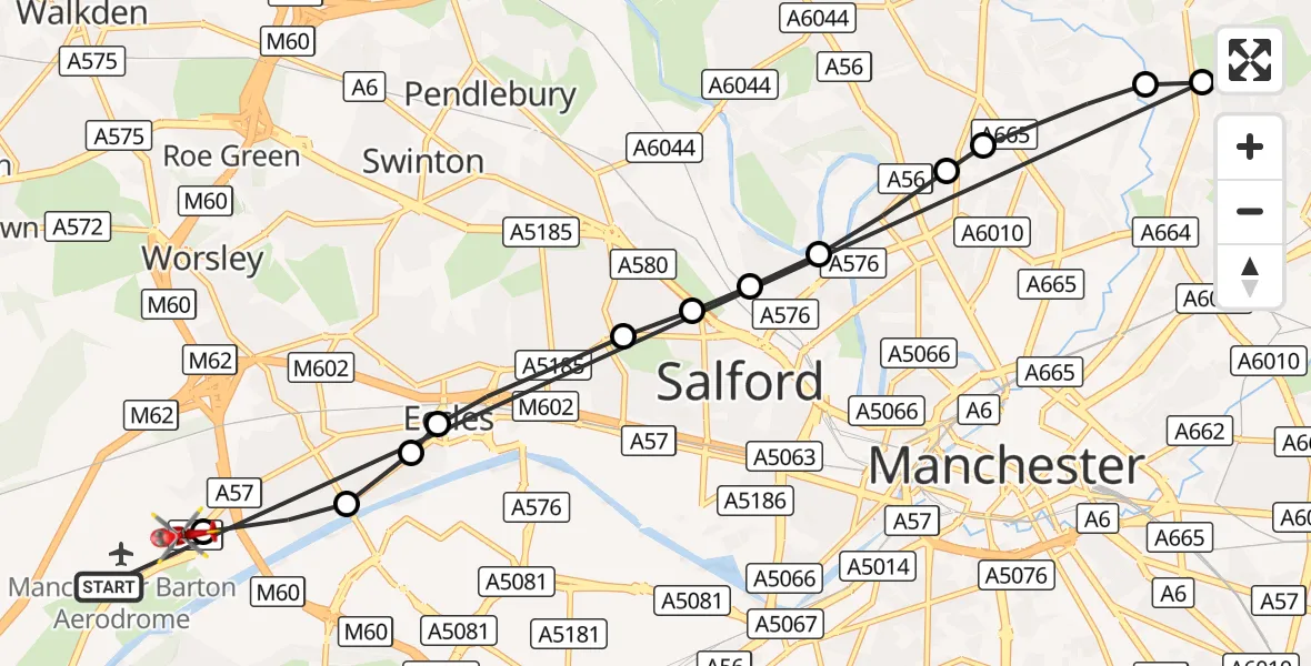 Flight route Air Ambulance Helicopter Manchester Barton Aerodrome - Worsley, 05 October 2026, 13:22