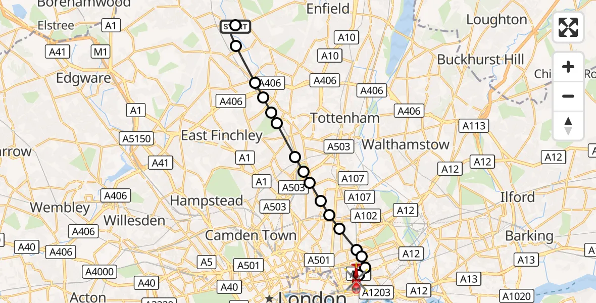 Flight route Air Ambulance Helicopter East Barnet - Royal London Hospital, 05 October 2026, 13:26