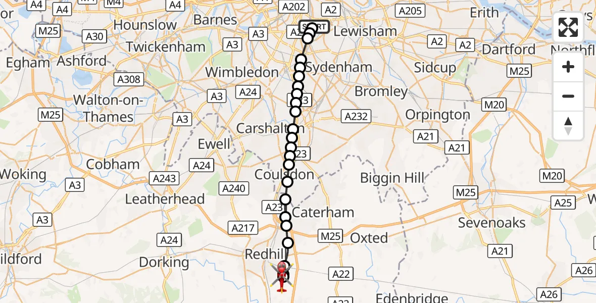 Flight route Air Ambulance Helicopter Kings College London Hospital - Redhill Aerodrome, 05 October 2026, 13:33