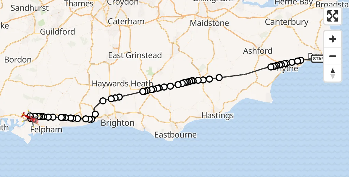 Flight route Air Ambulance Helicopter Dover - Chichester, 05 October 2026, 13:42