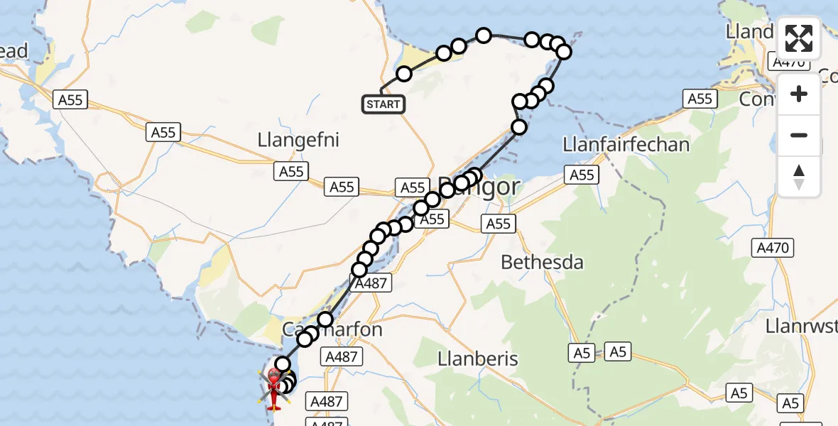 Flight route Air Ambulance Helicopter Pentraeth - Caernarfon Airport, 05 October 2026, 13:47