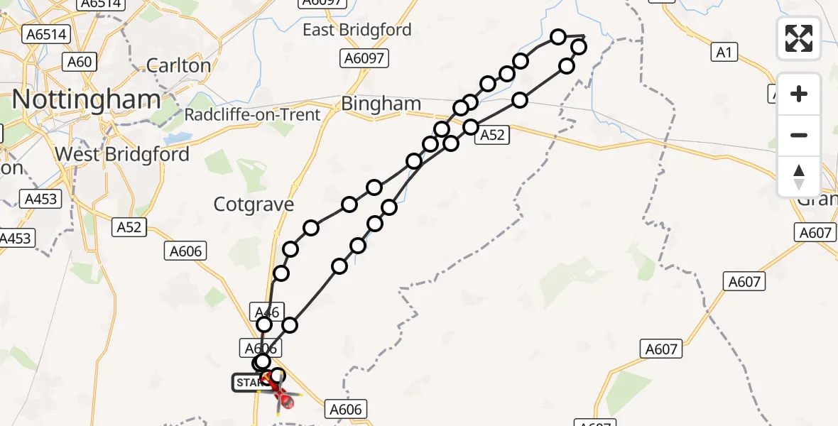 Flight route Air Ambulance Helicopter Nottingham Heliport - Hickling, 05 October 2026, 13:51