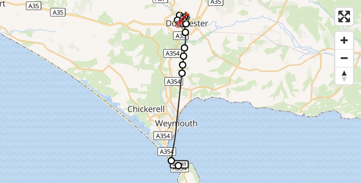 Flight route Air Ambulance Helicopter RNAS Portland Heliport - Dorchester, 05 October 2026, 13:54