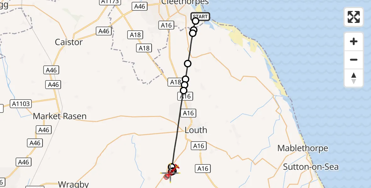 Flight route Air Ambulance Helicopter Cleethorpes - Belchford, 05 October 2026, 13:59