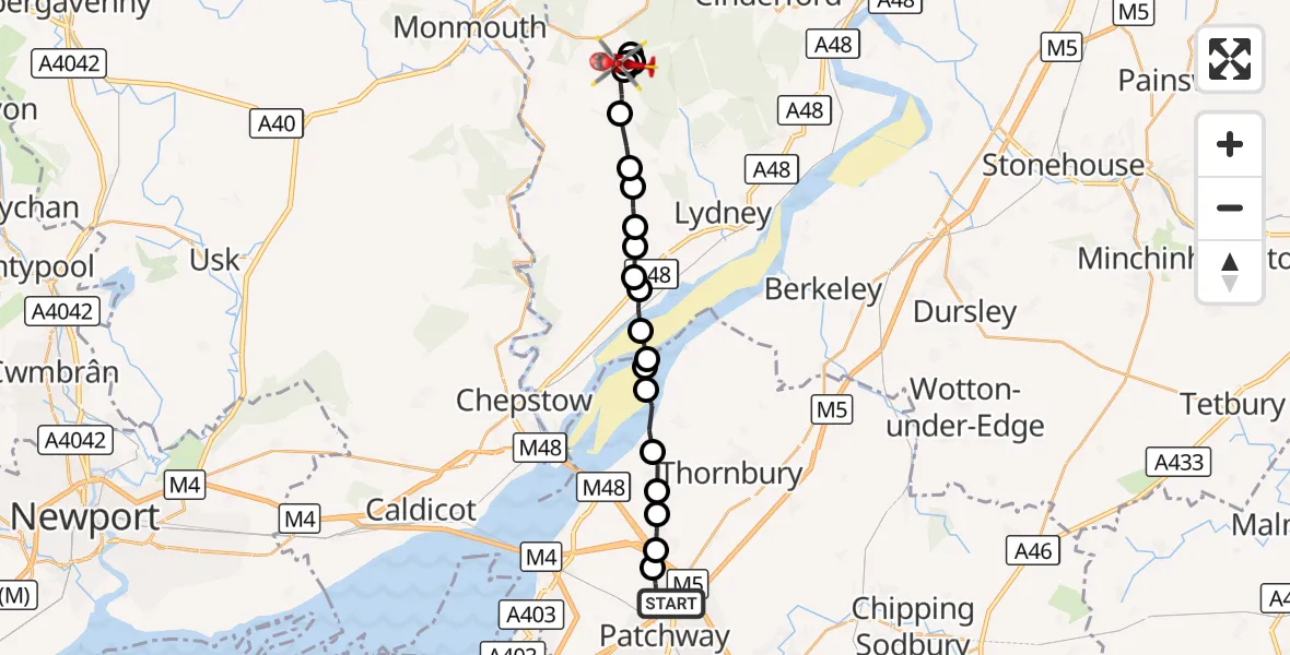 Flight route Air Ambulance Helicopter Almondsbury - Milkwall, 05 October 2026, 14:07