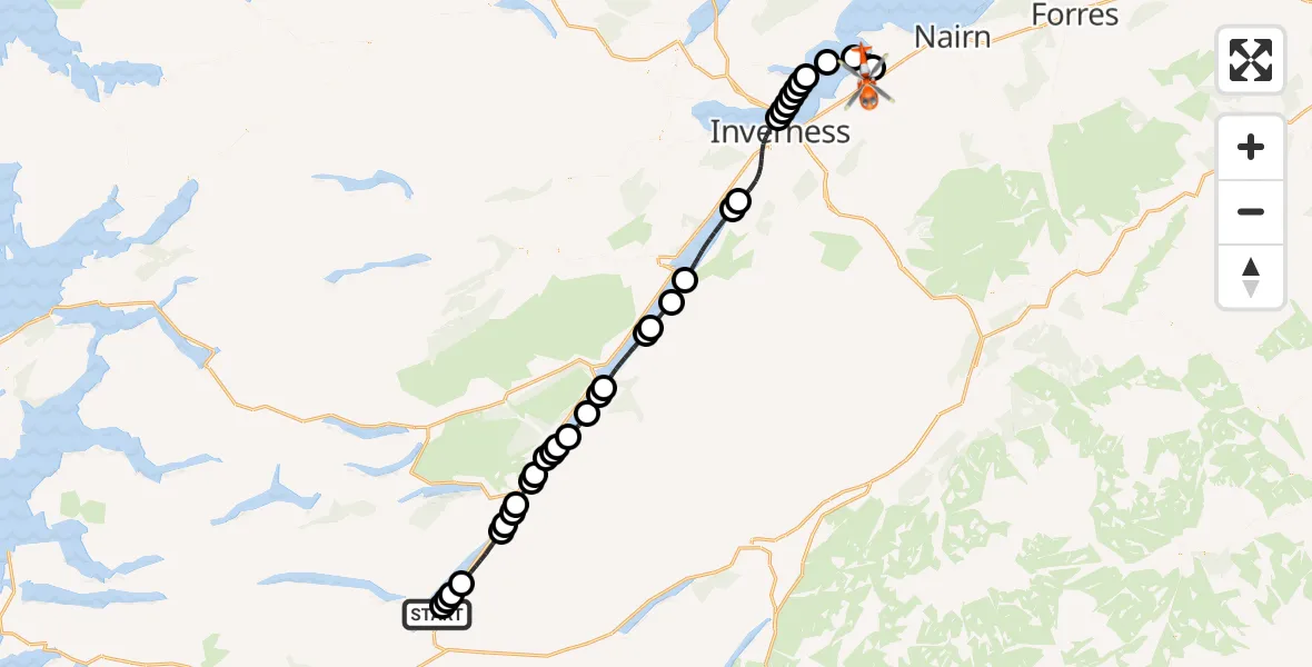 Flight route Coastguard Helicopter Carn Nan Druidhneach, dun site - Inverness Airport, 05 October 2026, 14:30