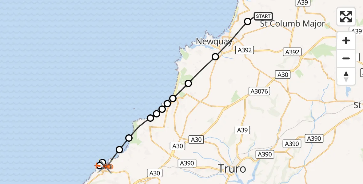 Flight route Coastguard Helicopter Cornwall Airport Newquay - Portreath, 05 October 2026, 14:36